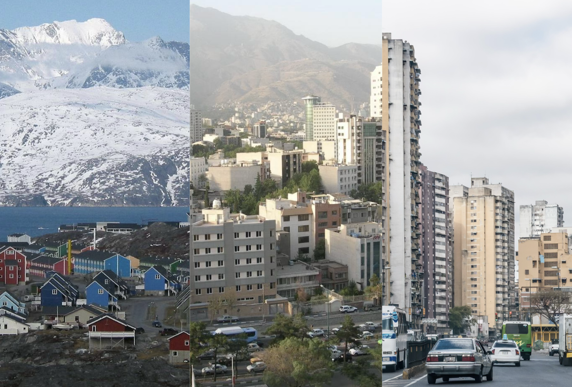 Nuuk, Greenland, Caracas, Venezuela and Tehran, Iran